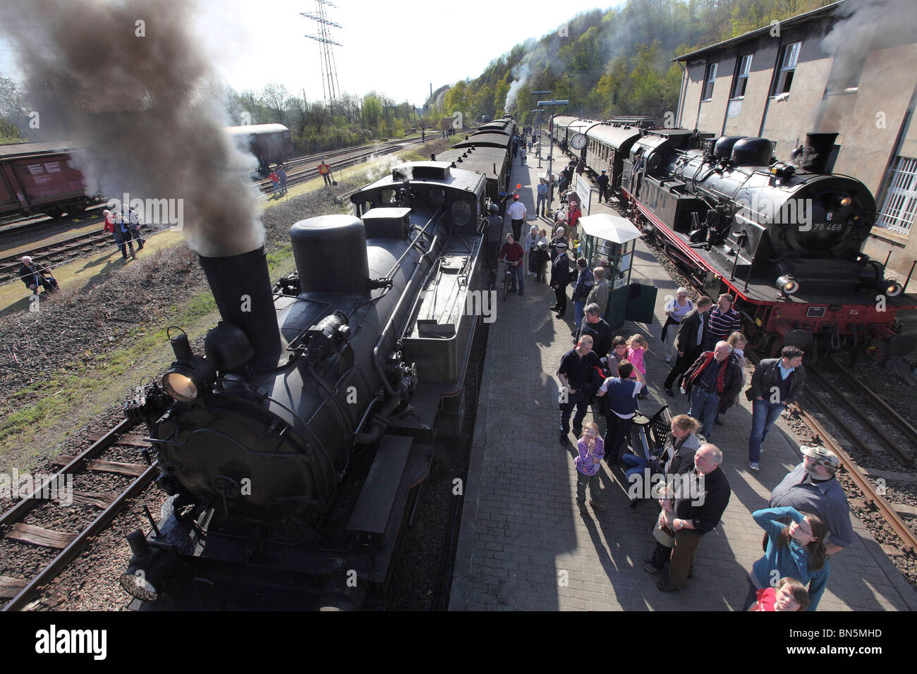 Historischen Dampfzug Depot Museum, mit vielen alten Dampflokomotiven. In Bochum, Deutschland. Stockfoto