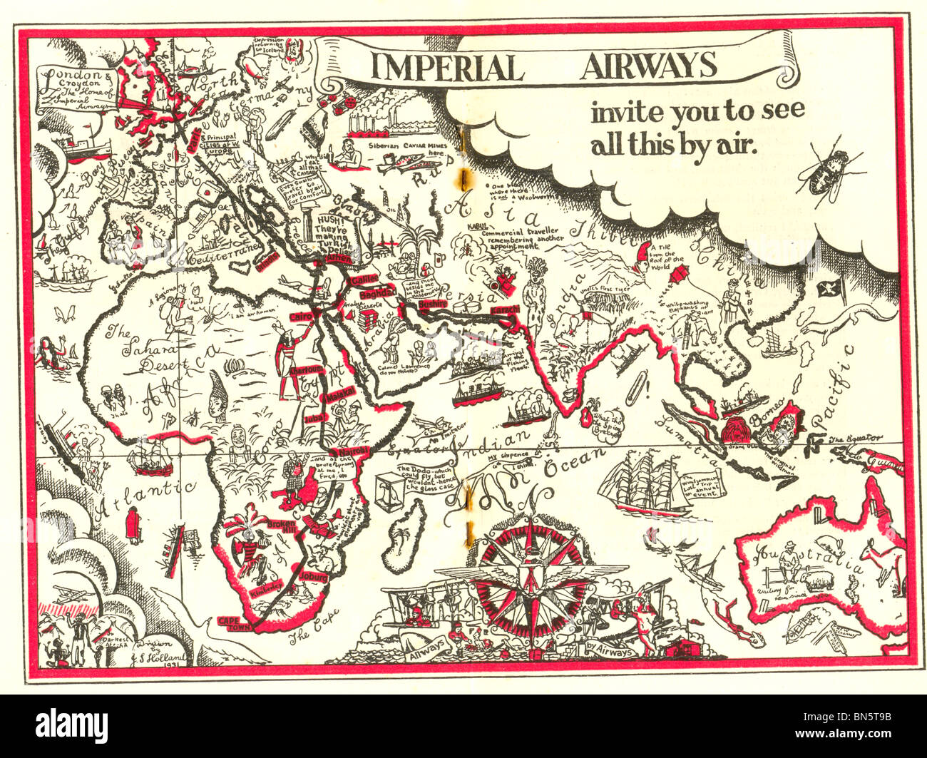 Weltkarte, die Ziele der Imperial Airways Stockfoto