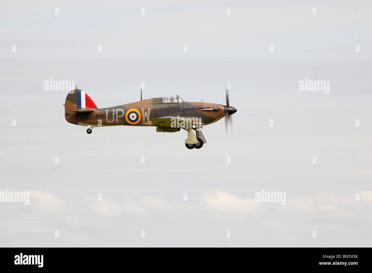 Hawker Hurricane Mk1 nähert RAF Waddington International Airshow - Ankünfte 2. Juli 2010 sich in Privatbesitz Stockfoto