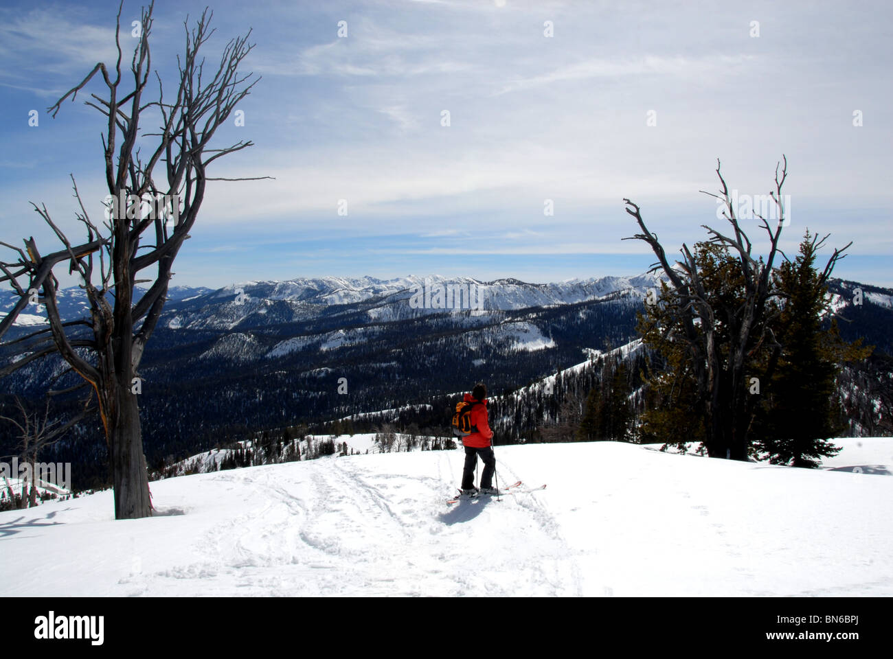 Skifahrer auf unbenannte Berggipfel über Galena Pass, Sun Valley, Idaho. Stockfoto