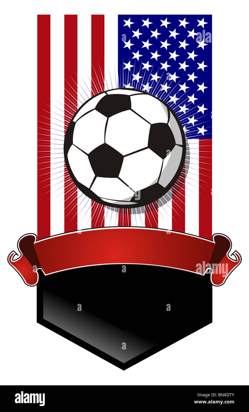 Komposition mit USA Flagge, Fußball und ein horizontales Band gekreuzt auf weißem Hintergrund. Stockfoto