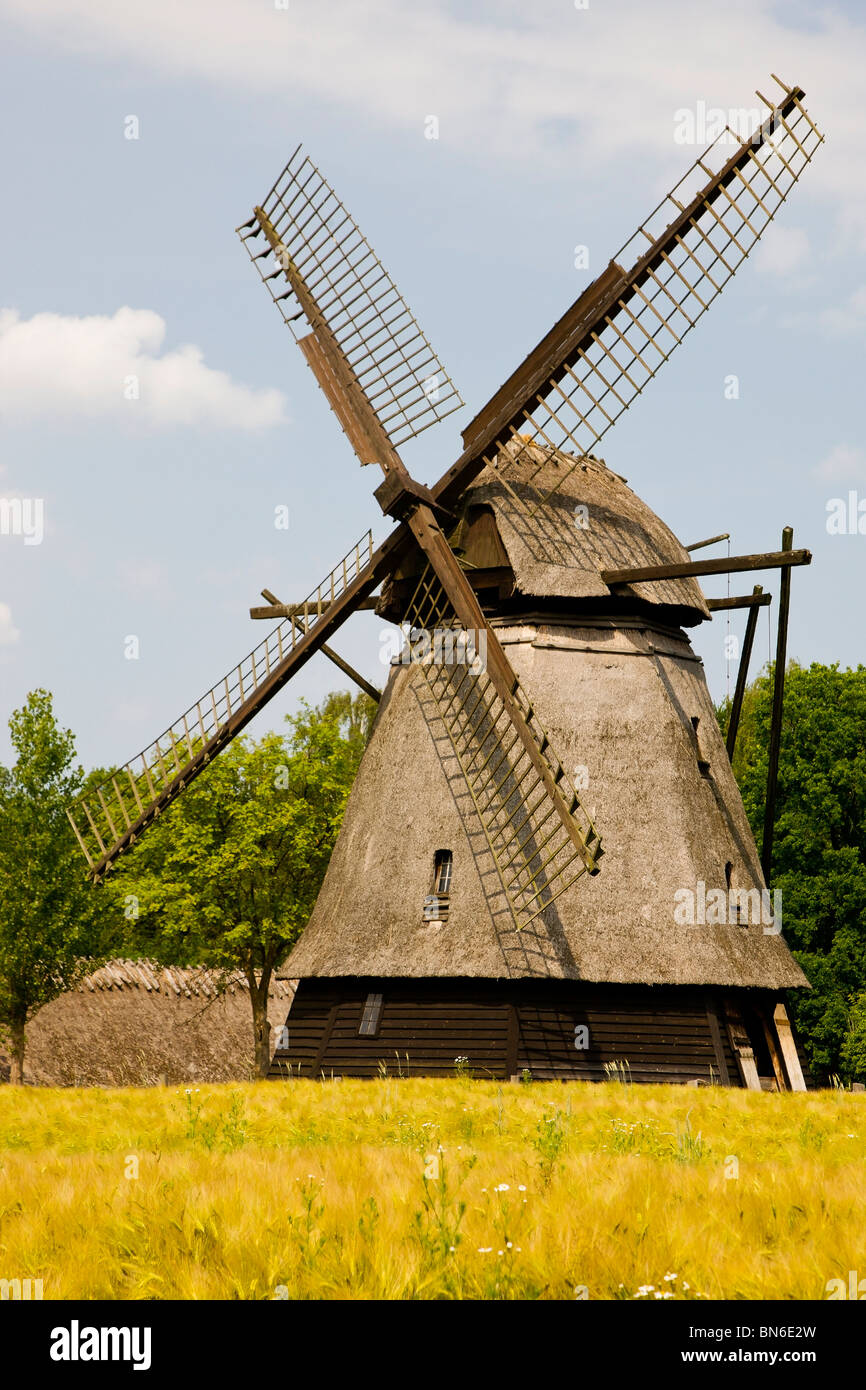 Die alte reetgedeckte Windmühle im Fünen Village Stockfoto