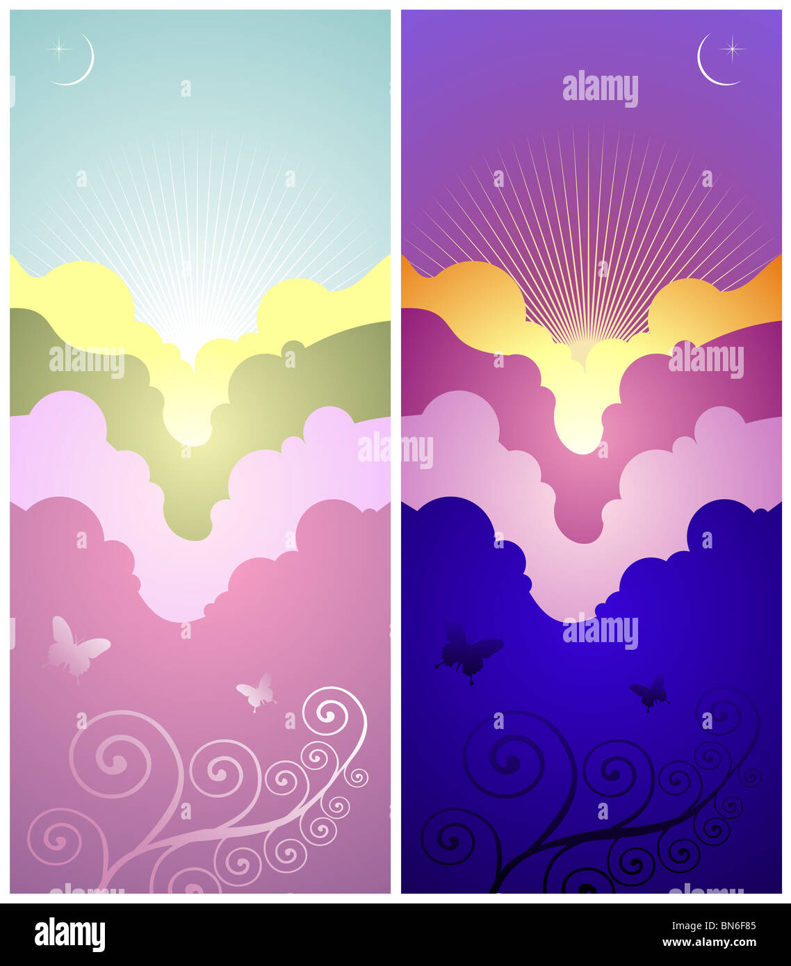 Bunte Reihe von Sonnenaufgang und Sonnenuntergang vertikale Banner mit natürlichen Elementen Stockfoto