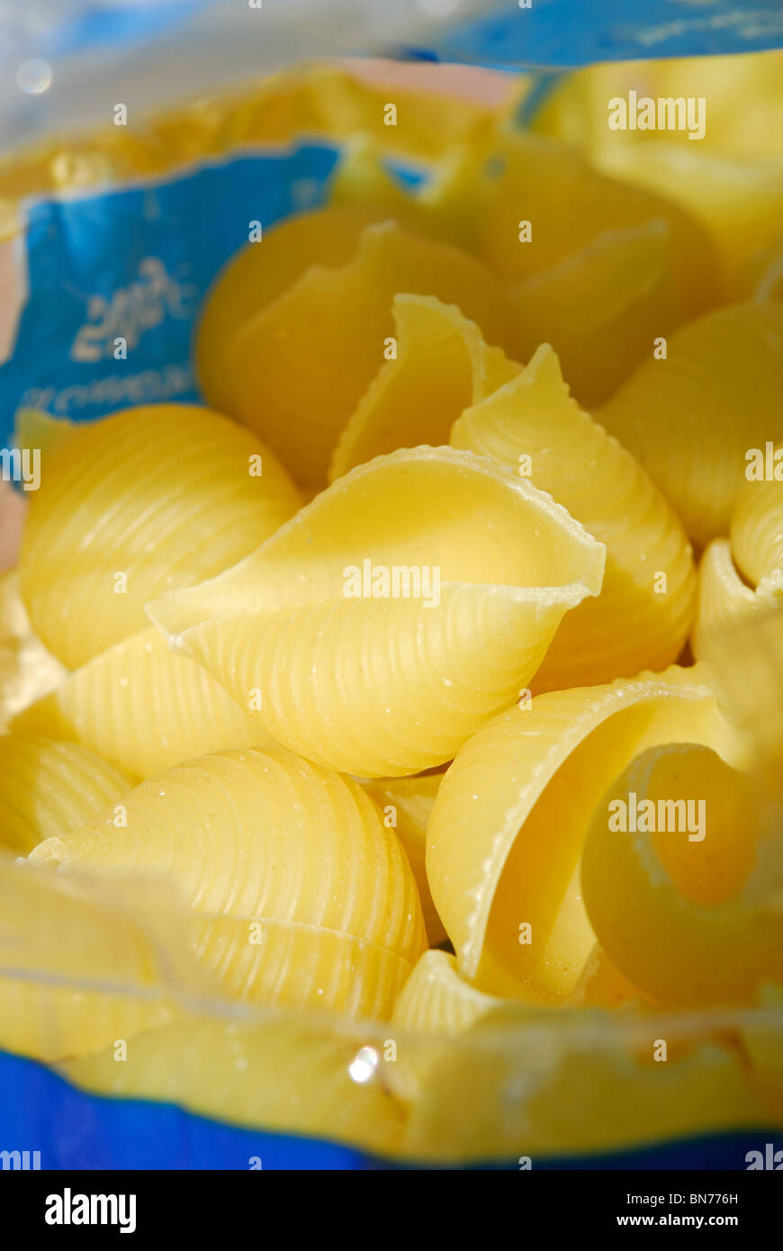 Ein Päckchen Conchiglie Rigate Nudeln Muscheln. Stockfoto