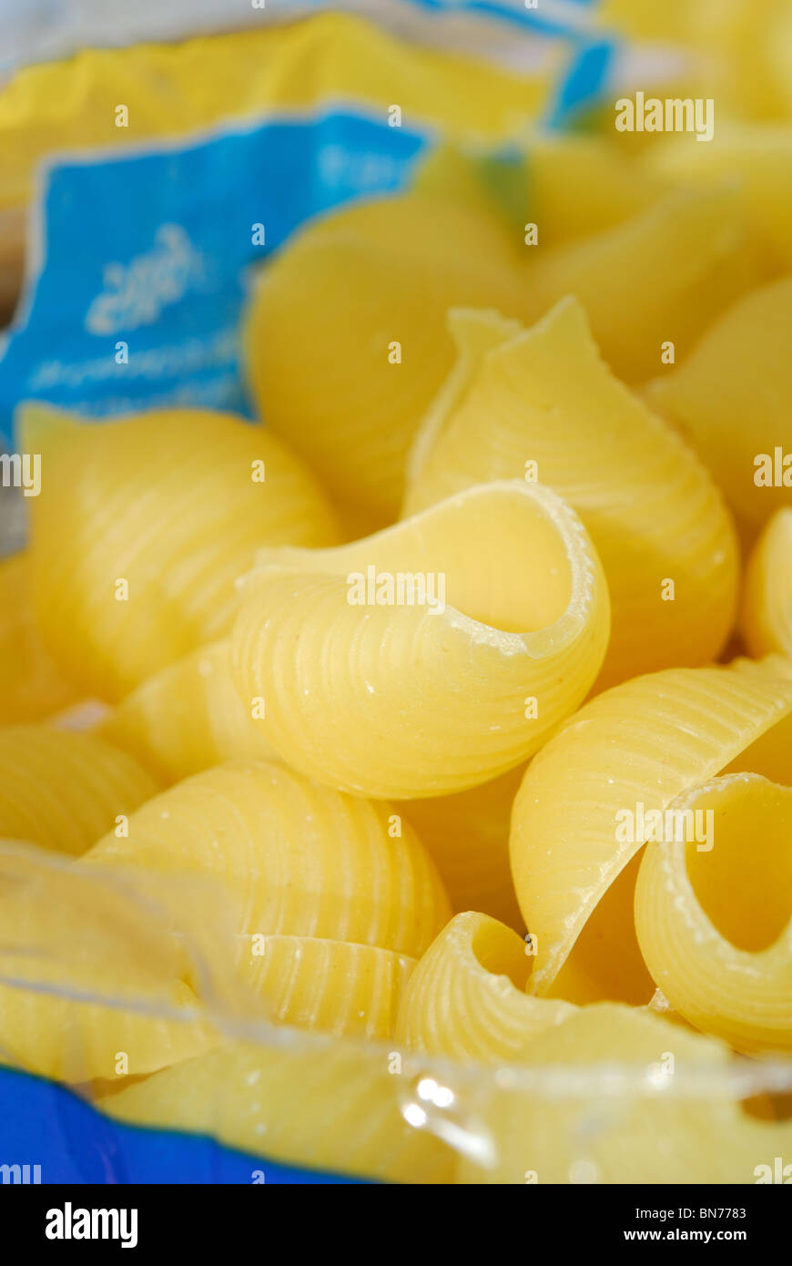 Ein Päckchen Conchiglie Rigate Nudeln Muscheln. Stockfoto
