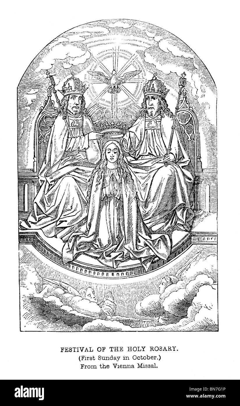 Schwarz / weiß Darstellung der Festival oder fest des Heiligen Rosenkranzes von Vienna Missale. Stockfoto