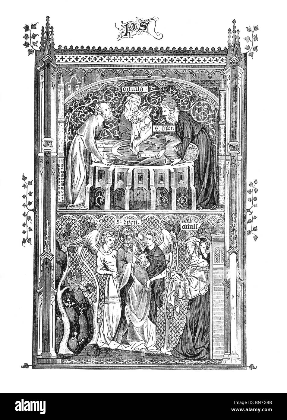 Schwarz / weiß Darstellung des Martyriums des St. Denys Stockfoto