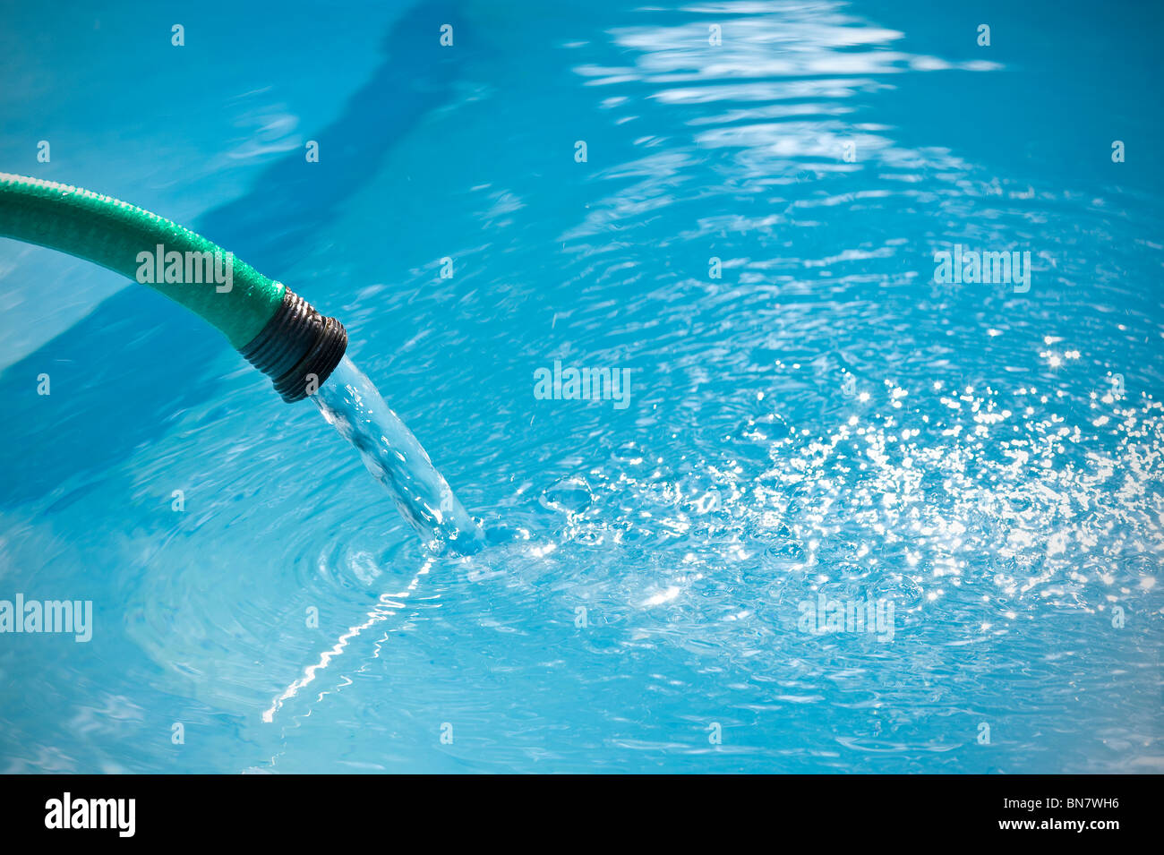 Green Garden Schlauch gießt Wasser in blauen Pool, USA Stockfoto