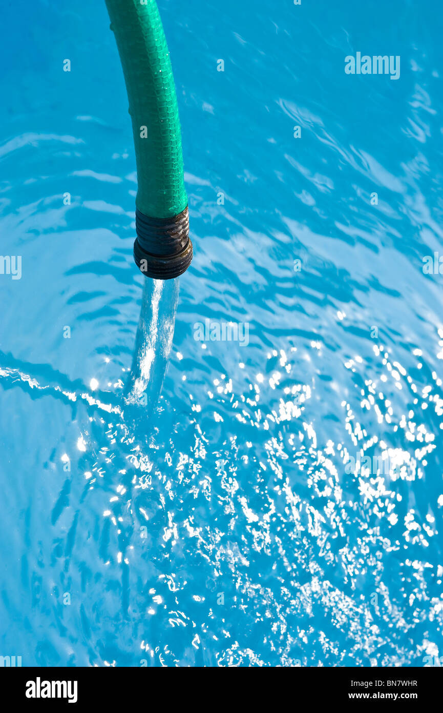 Green Garden Schlauch gießt Wasser in blauen Pool, USA Stockfoto