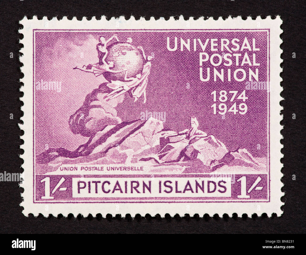 Briefmarke aus der Pitcairn-Inseln für den 75. Jahrestag des Weltpostvereins. Stockfoto