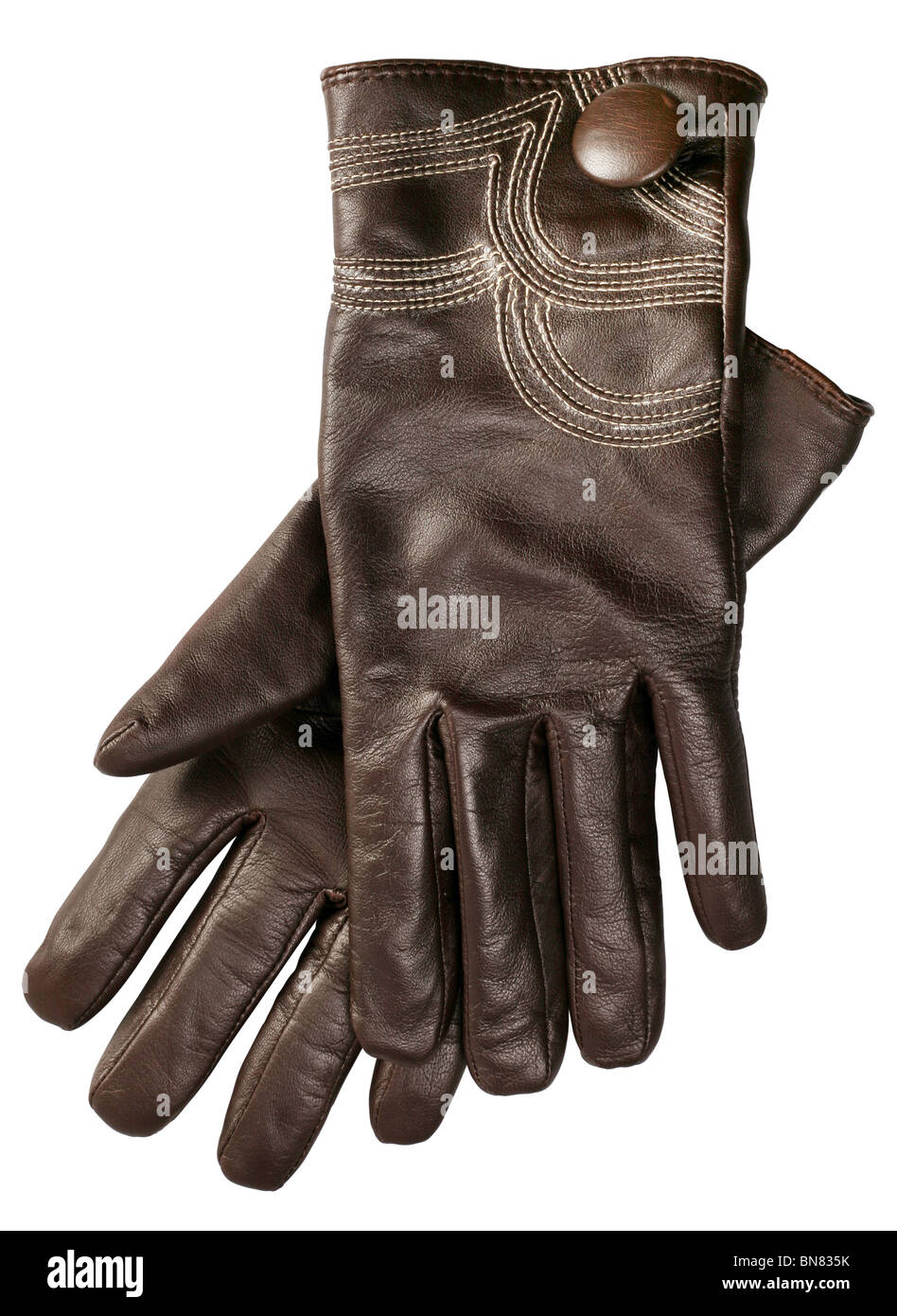 Braune weibliche Handschuh Zubehör auf weißem Hintergrund Stockfoto