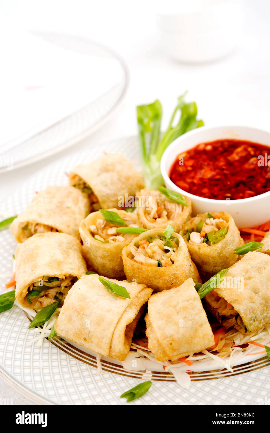 Chinesische Frühlingsrolle mit Schezwan Sauce Stockfoto