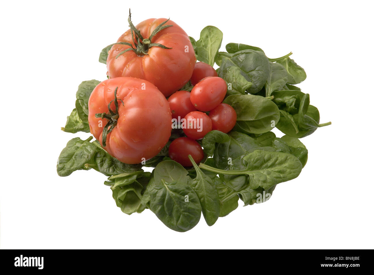 Spinat und Tomaten Sortiment isoliert gegen weiß Stockfoto