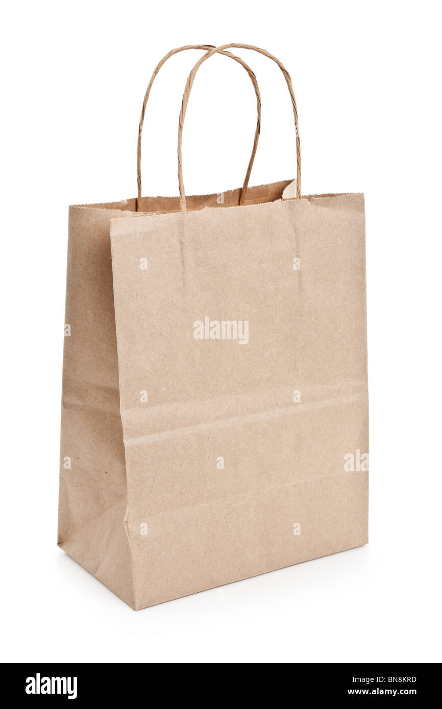 Braune Papiertüte Shopping mit weißem Hintergrund Stockfoto