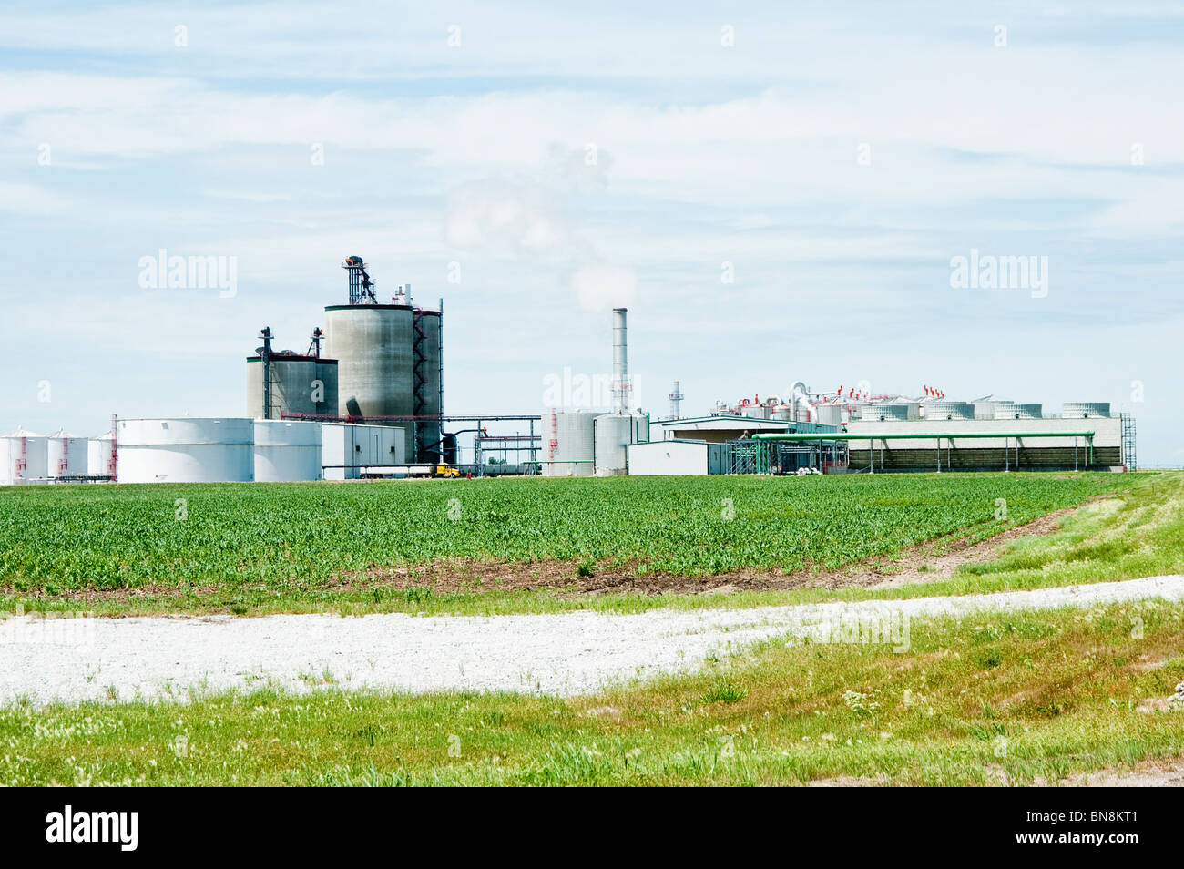 Ein Ethanol Aufbereitungsanlage in Nebraska mit einem Maisfeld im Vordergrund. Stockfoto