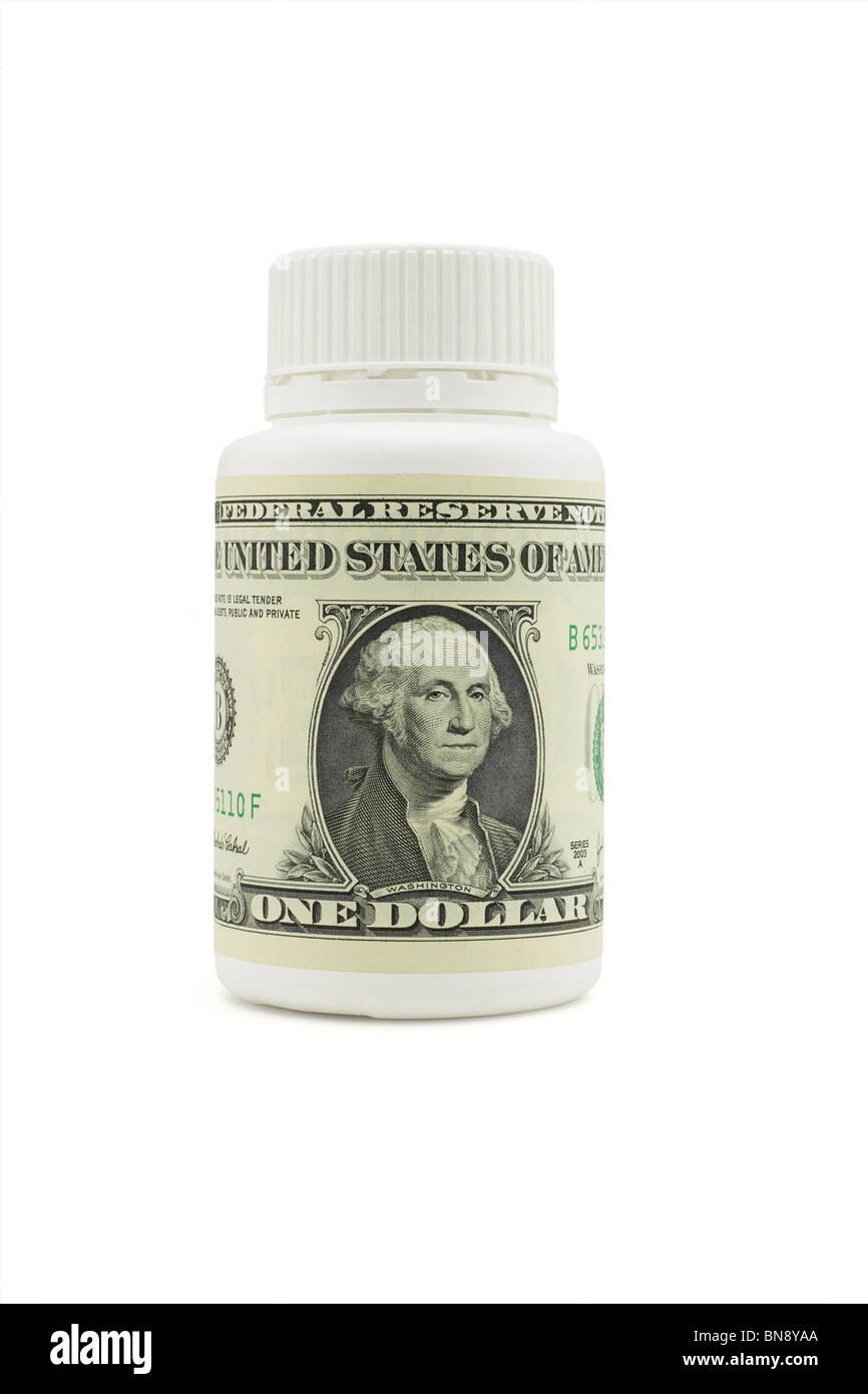 Gesundheitswesen Konzeptbild von US-Dollar an Kunststoff Medizinfläschchen Stockfoto