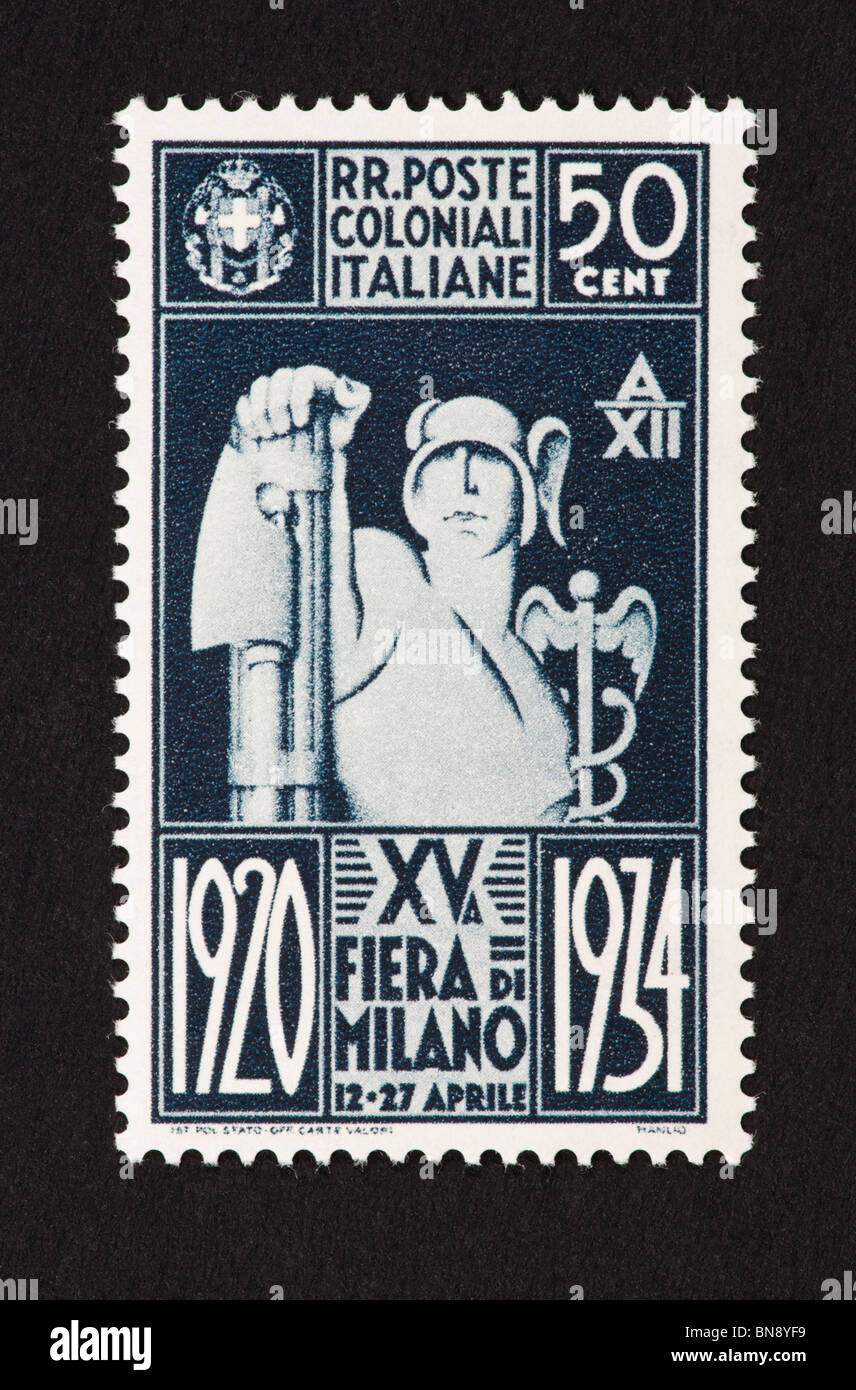Briefmarke für italienische Kolonien mit Quecksilber und Fasces. Stockfoto