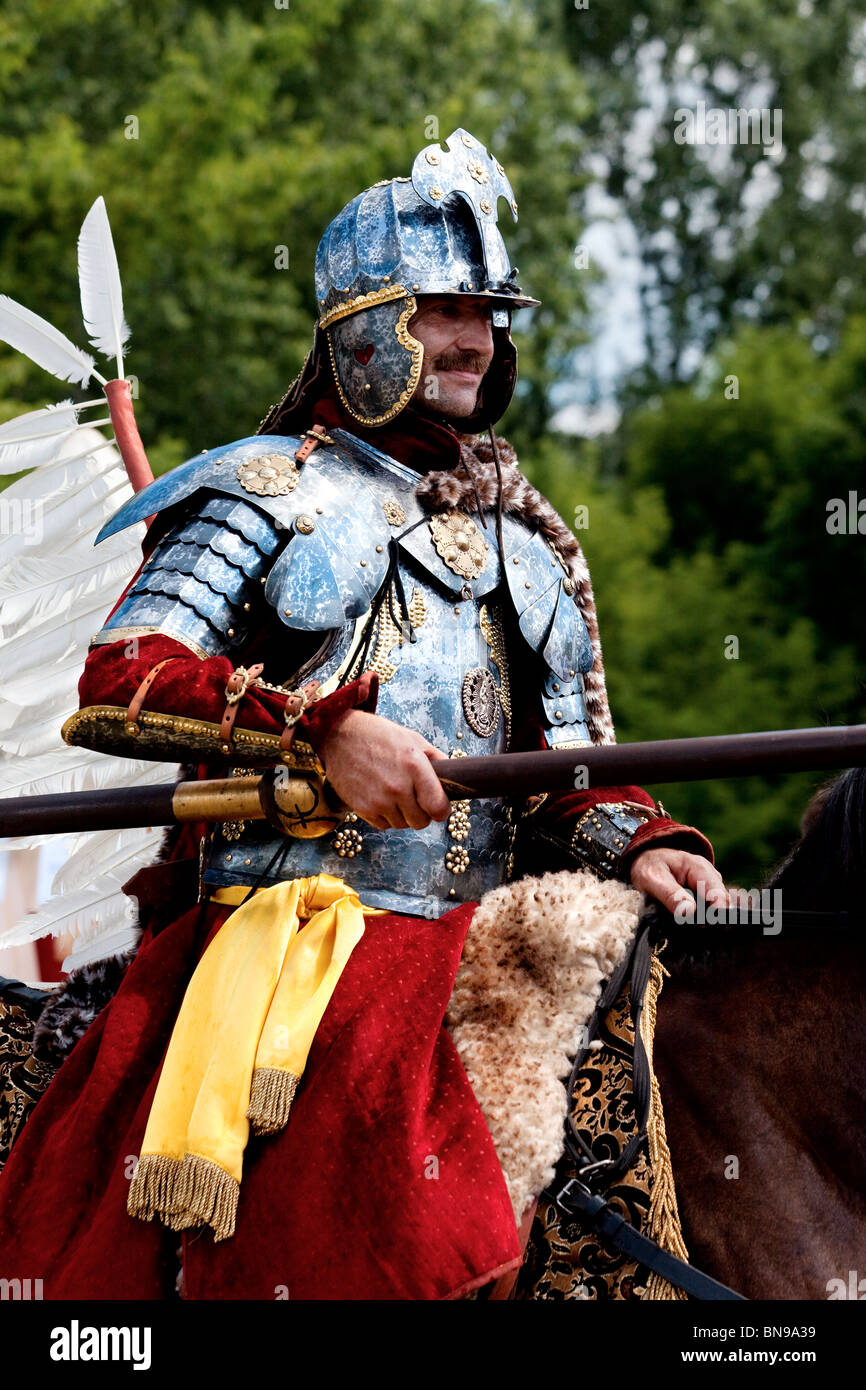 Polnische Husar elite Kavallerie Ritter in der Schlacht von Klushino - 400 Jahre Festival in Warschau, Polen, 3.-4. Juli 2010. Stockfoto