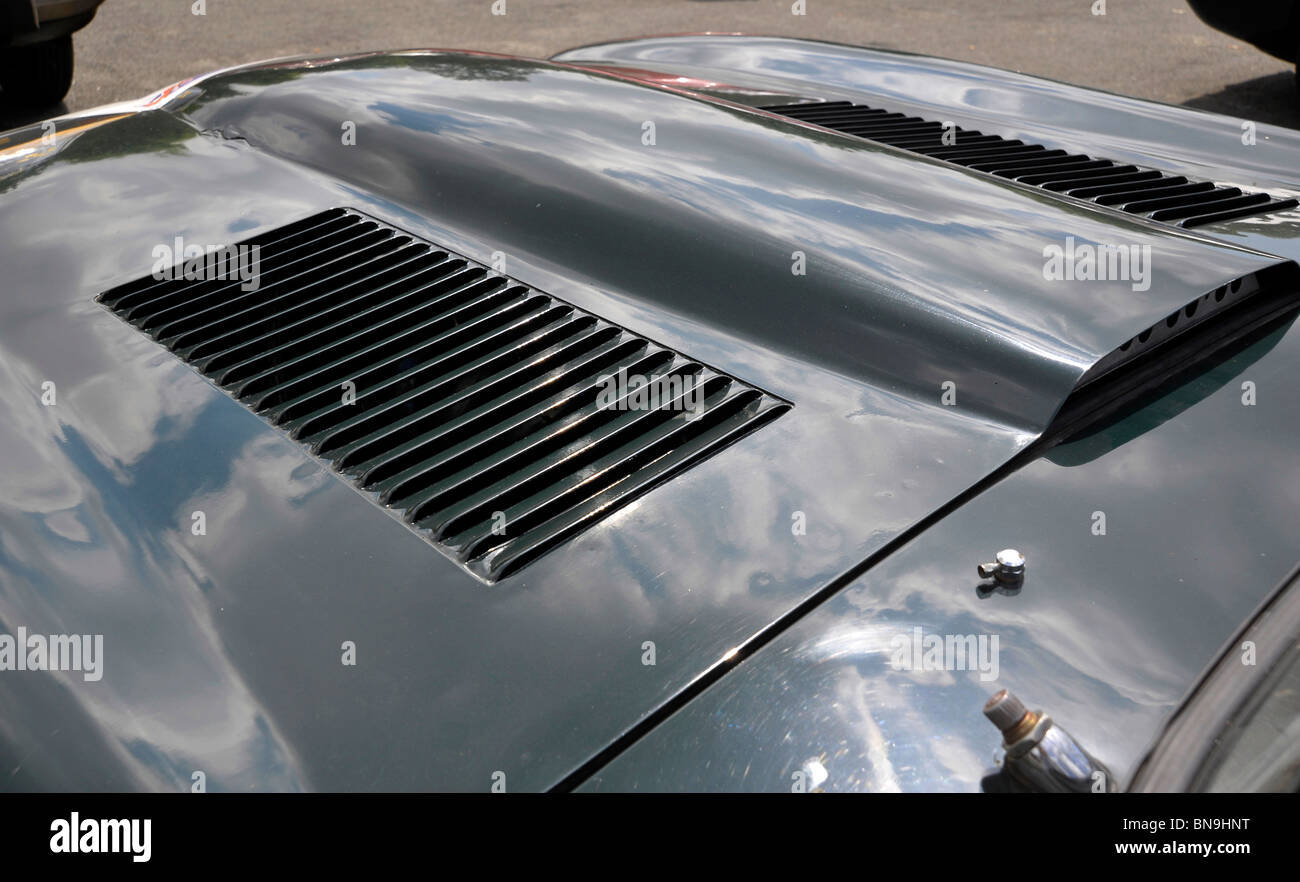 Oldtimer Jaguar E Typ Motorhaube-Grill auf dem Display an Bressuire Deux-Sèvres Frankreich Stockfoto