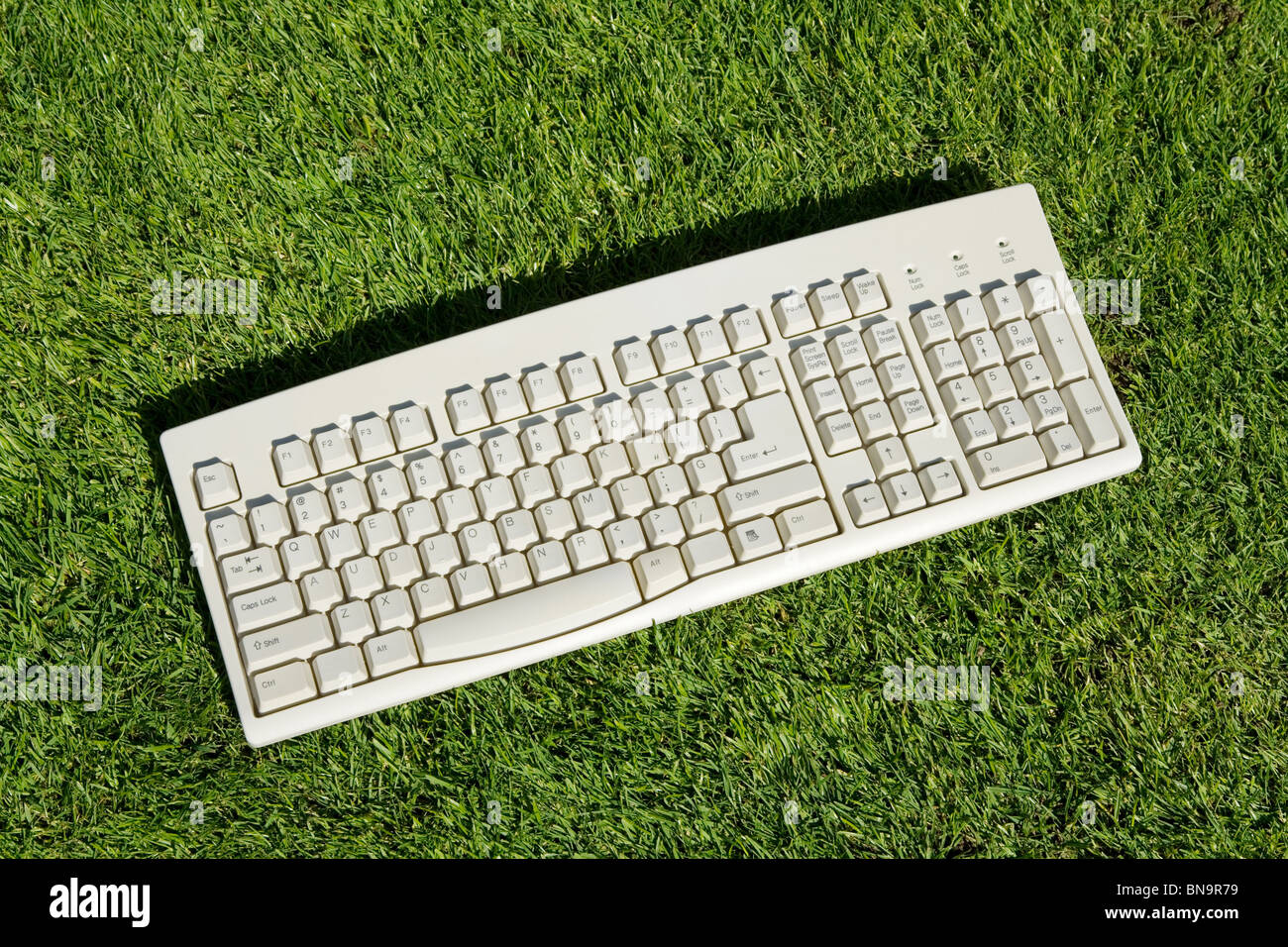 Computer-Tastatur und Rasen, Begriff der Freiheit, Schutz der Umwelt Stockfoto