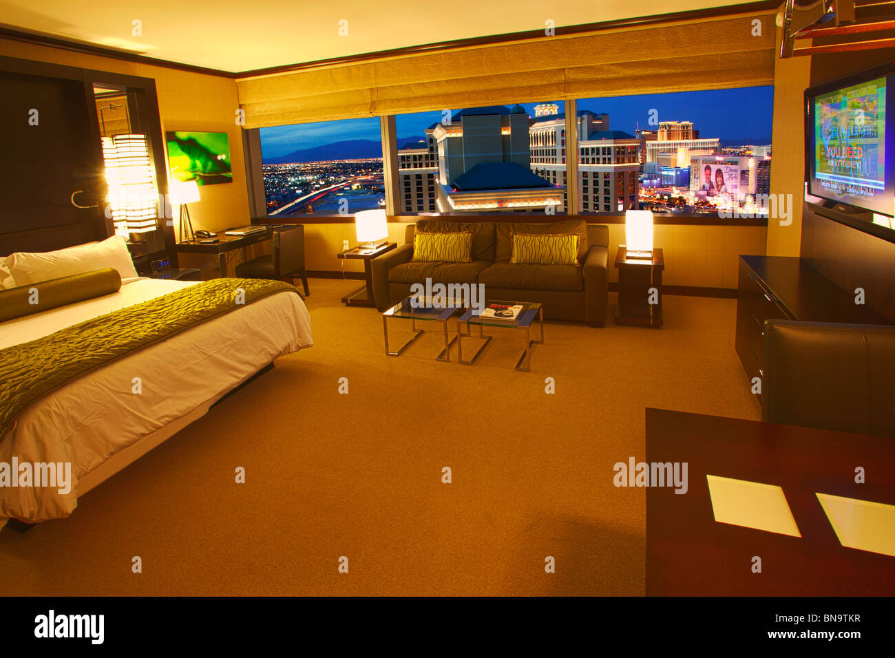 Zimmer und Aussicht von der Vdara, City Center, Las Vegas, Nevada. Stockfoto