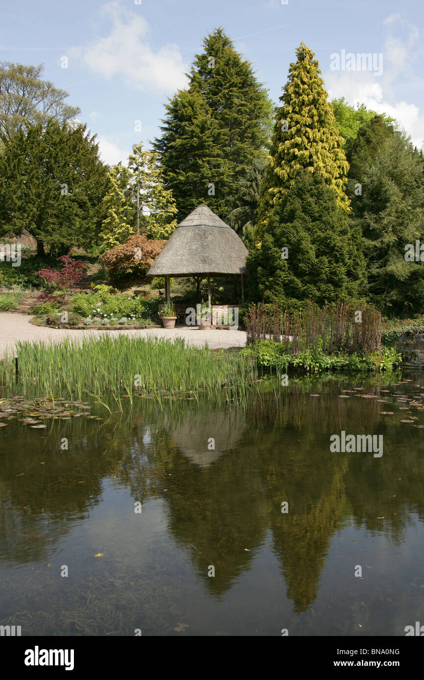 Ness Botanic Gardens, England. Malerischen Frühling-Blick auf den Steingarten Teich und strohgedeckte Hütte am Ness Botanic Gardens. Stockfoto