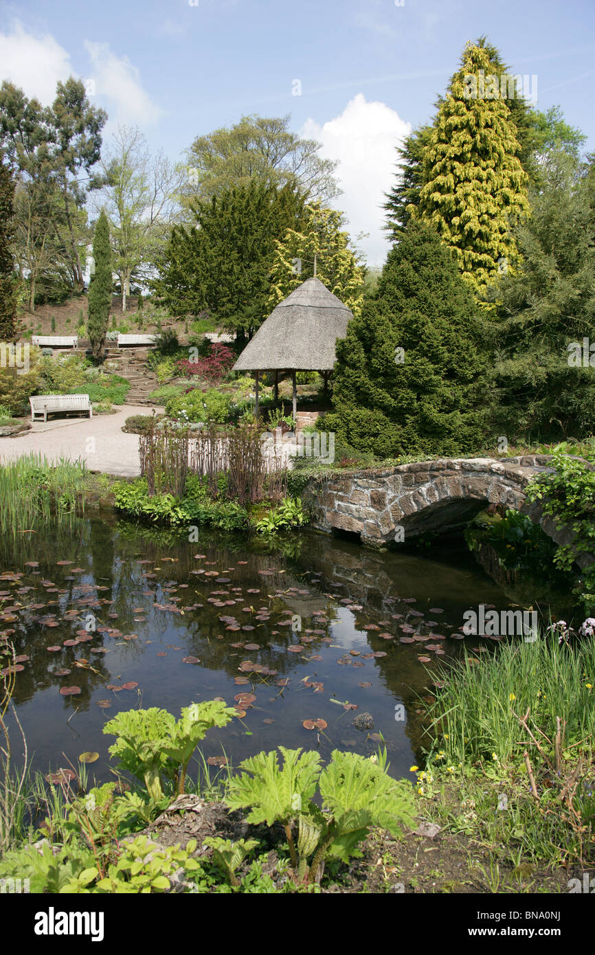 Ness Botanic Gardens, England. Malerischen Frühling-Blick auf den Steingarten Teich, Brücke und strohgedeckte Hütte am Ness Botanic Gardens. Stockfoto