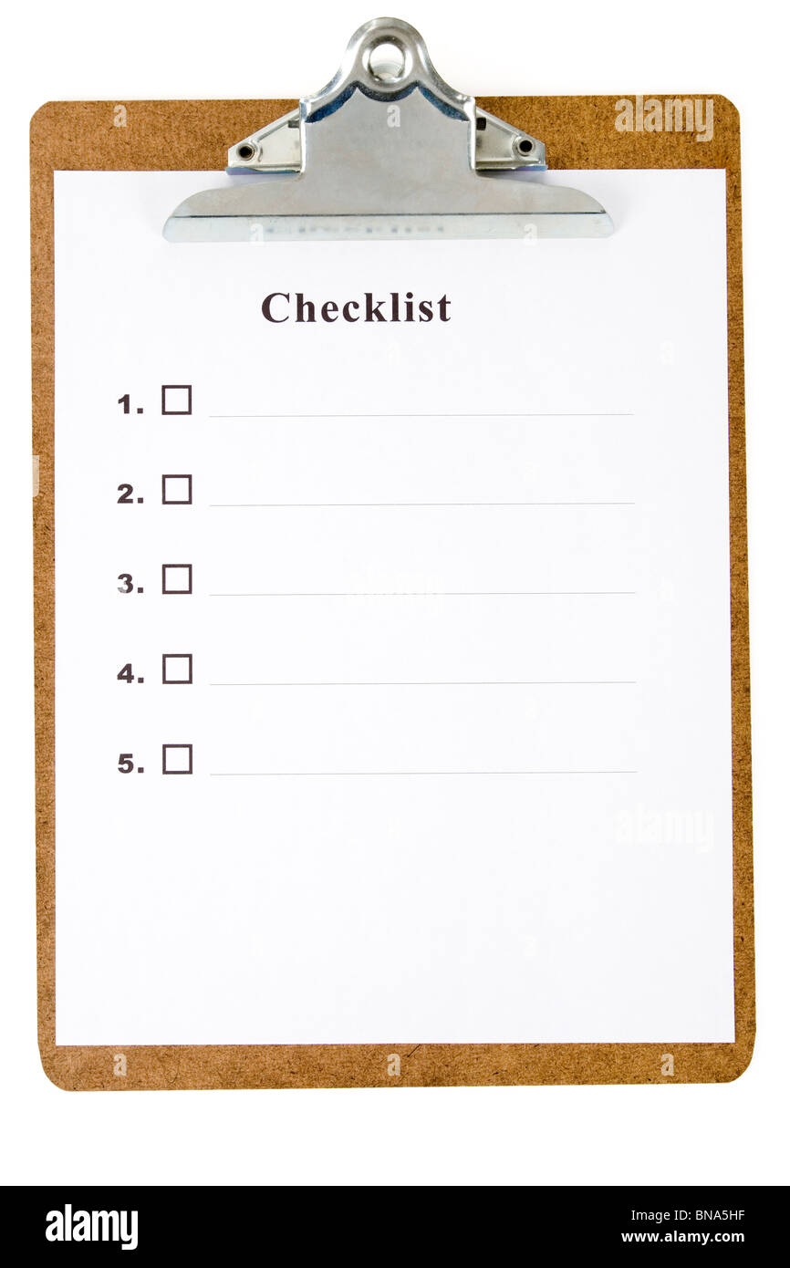 Checkliste und Zwischenablage mit weißem Hintergrund Stockfoto
