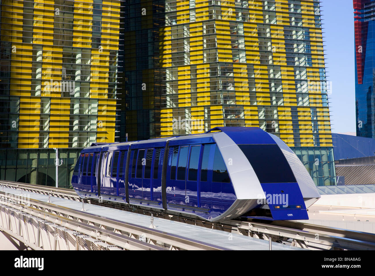 Straßenbahn mit Veer Towers in den Hintergrund, City Center, Las Vegas, Nevada. Stockfoto