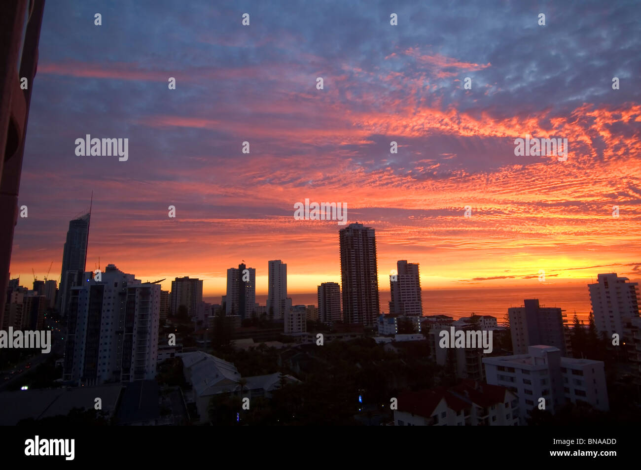 Moderne Küstenstadt in der Morgendämmerung, einschließlich Q1, Surfers Paradise, Gold Coast, Queensland, Australien Stockfoto