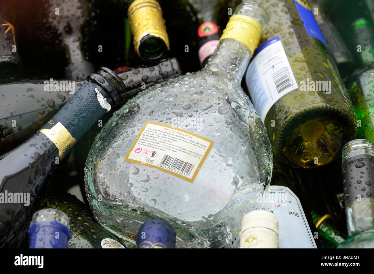 Leere recycelte Flaschen im Regen Stockfoto