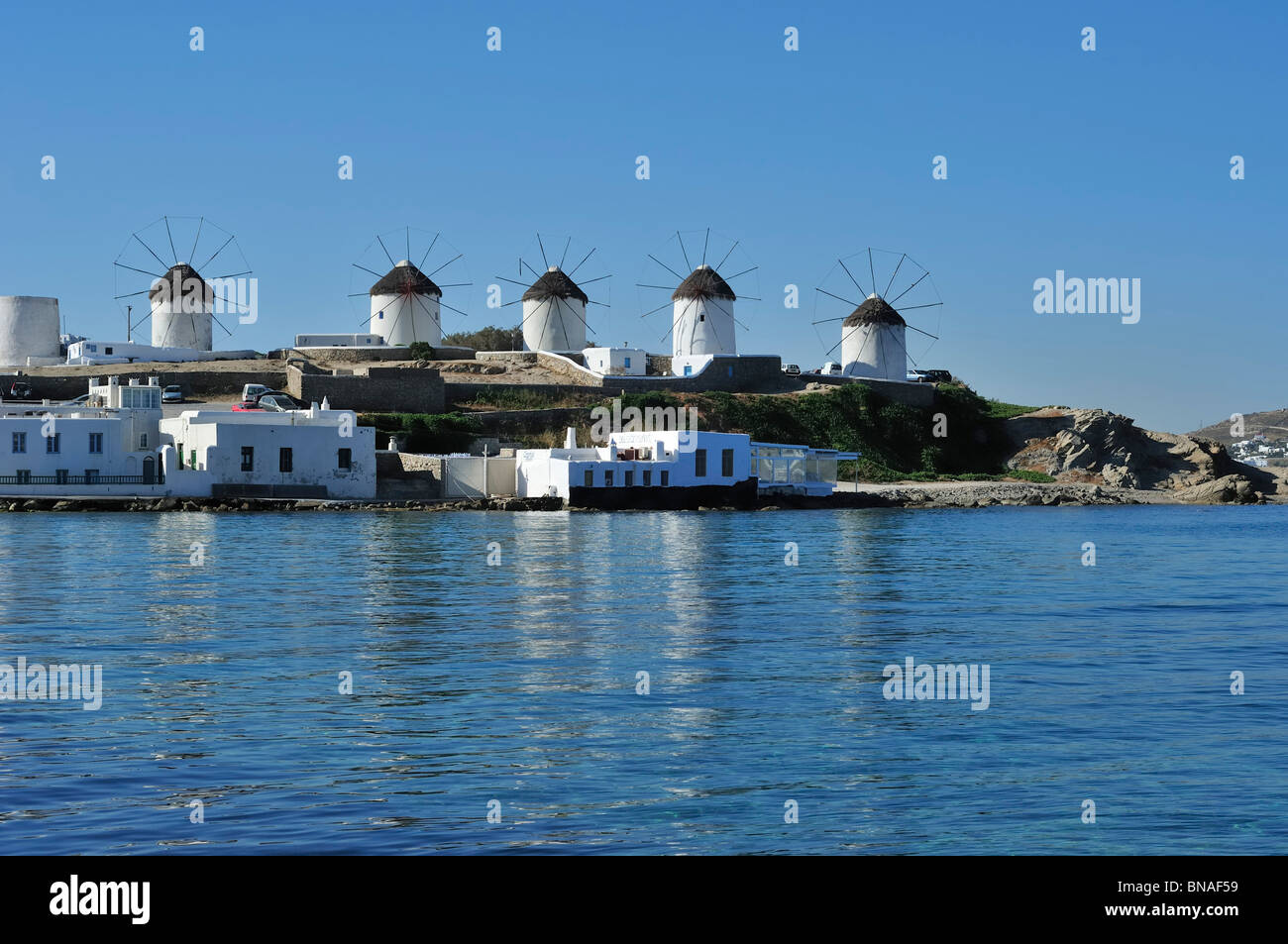 Mykonos. Griechenland. Windmühlen. Stockfoto