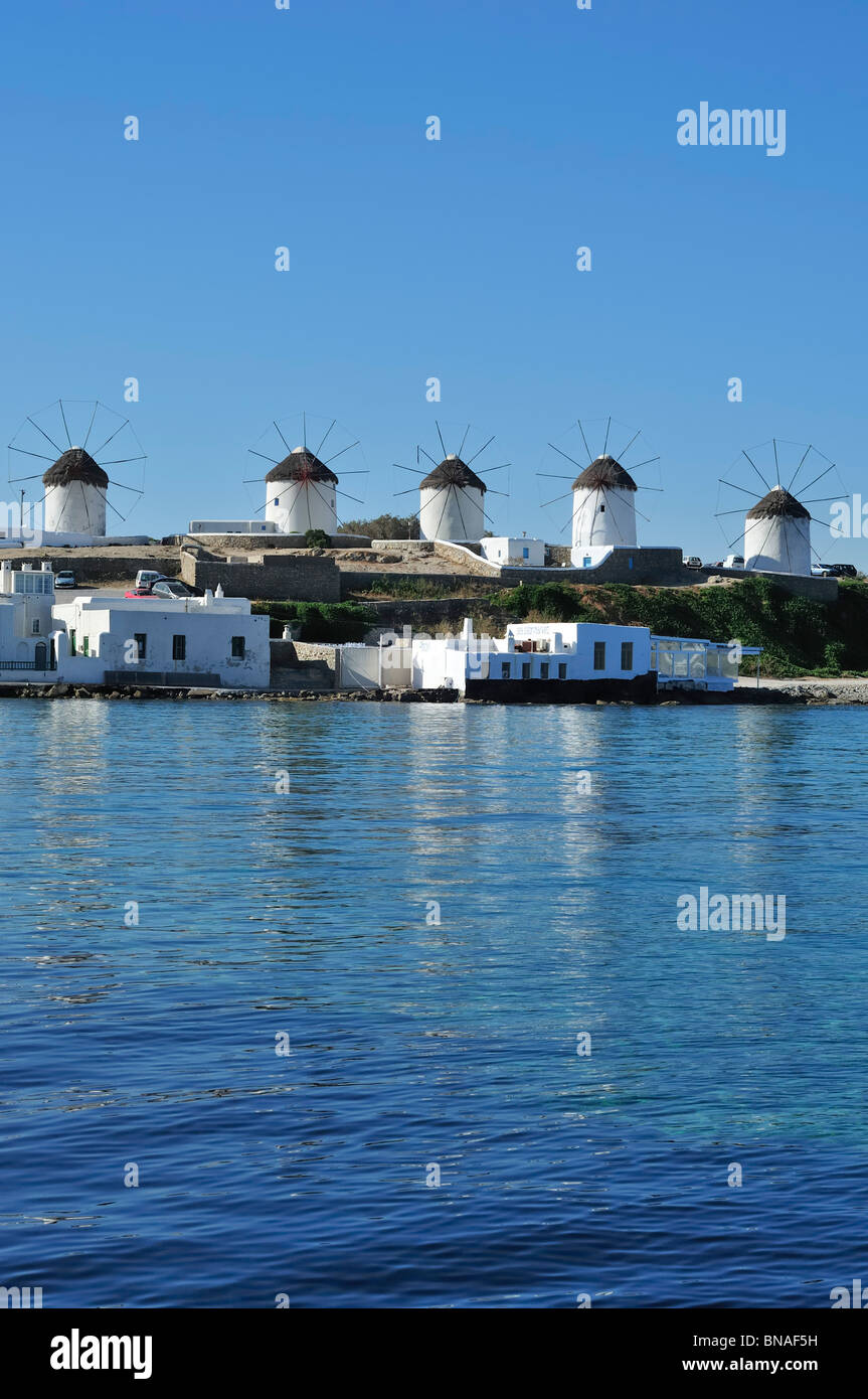 Mykonos. Griechenland. Windmühlen. Stockfoto