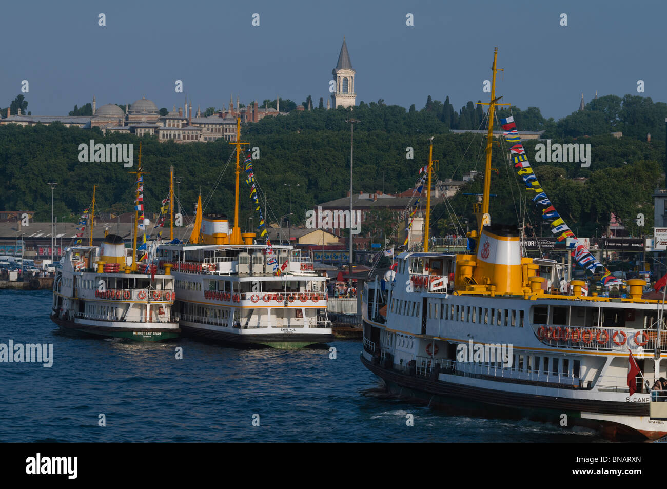 Fähren an der Pier Eminonu, Topkapi-Palast im Hintergrund, Bosphorus Ufer, Istanbul, Türkei Stockfoto