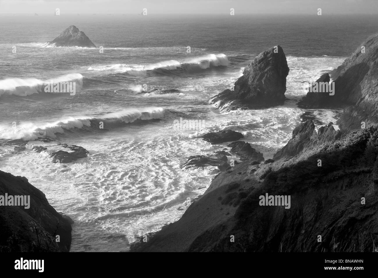 Sonnenuntergang und Wellen an Port Orford Köpfe State Park, Oregon Stockfoto