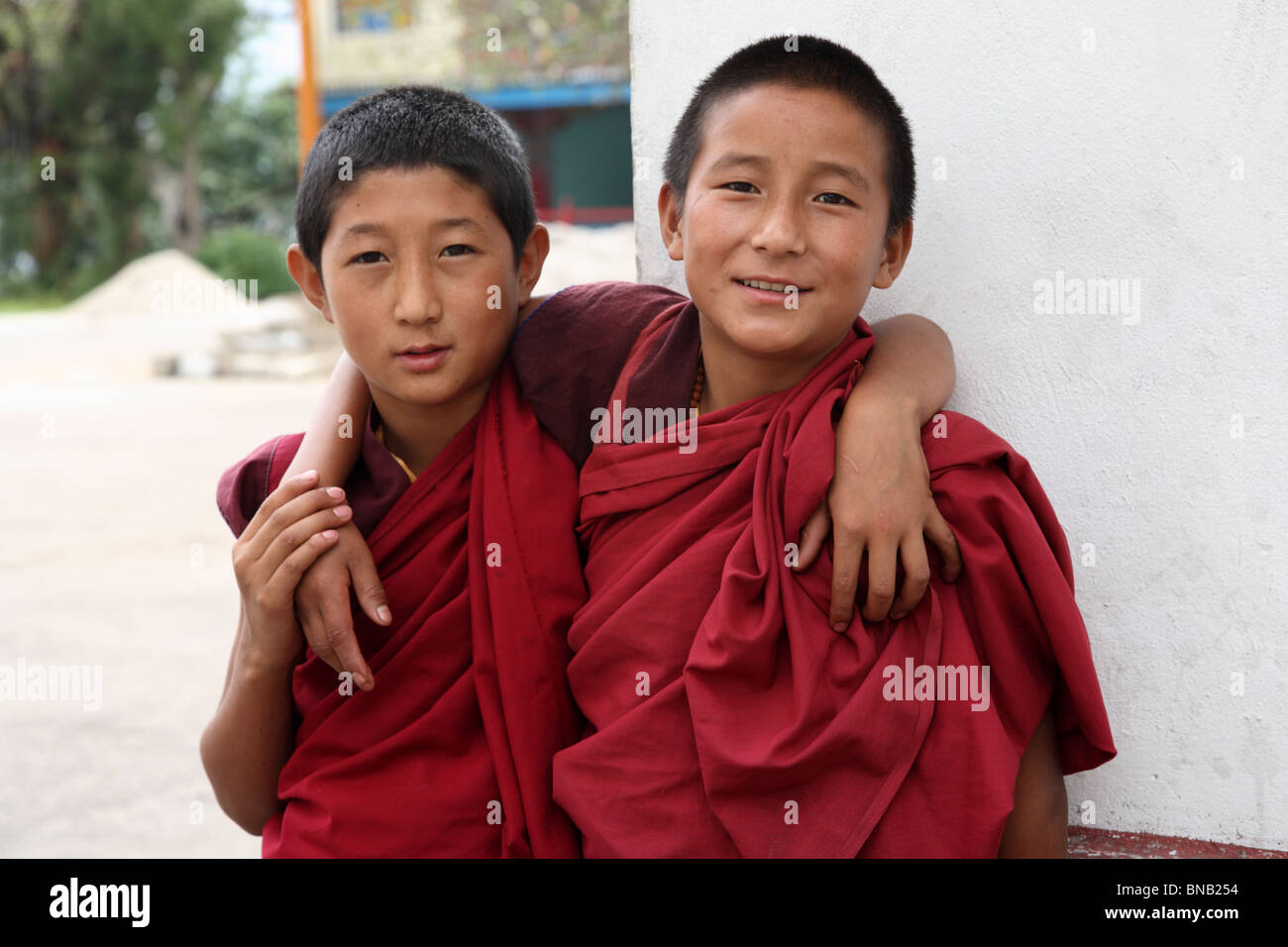 Zwei sehr junge Auszubildende Mönche im Phodang Kloster in Sikkim in der Nähe von Gangtok, Nordindien. Stockfoto