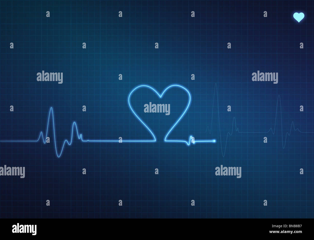 Herzförmige Ausrutscher auf einer medizinischen Herzmonitor (Elektrokardiogramm) mit blauen Hintergrund und Herz-symbol Stockfoto