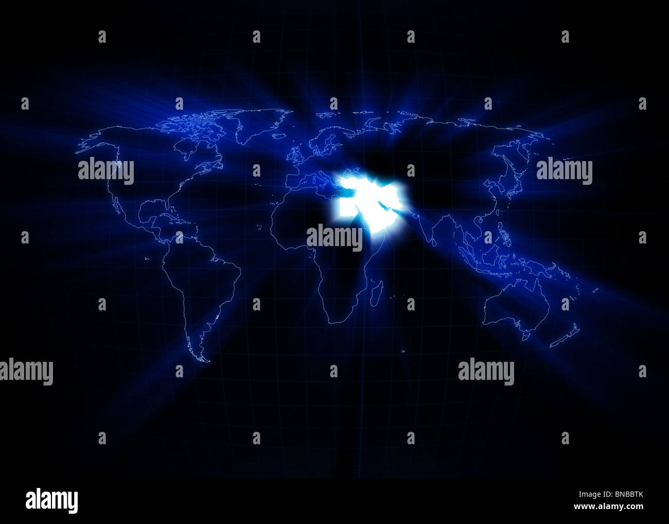 Weltkarte mit dem Nahen Osten mit schwarzem Hintergrund glühen. Stockfoto