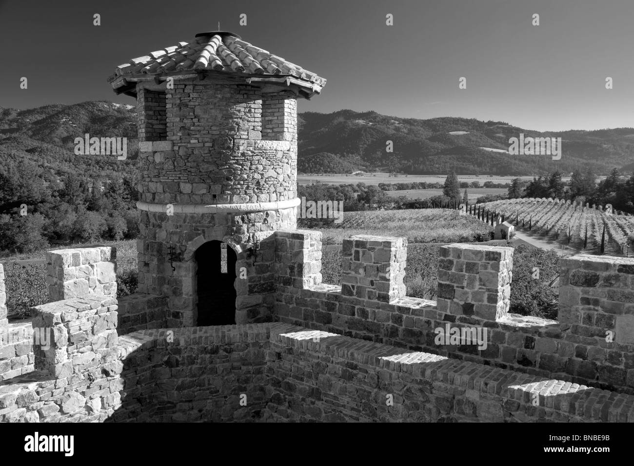Schloss-Turm im Castello di Amorosa. Napa Valley, Kalifornien. Eigenschaft relased Stockfoto