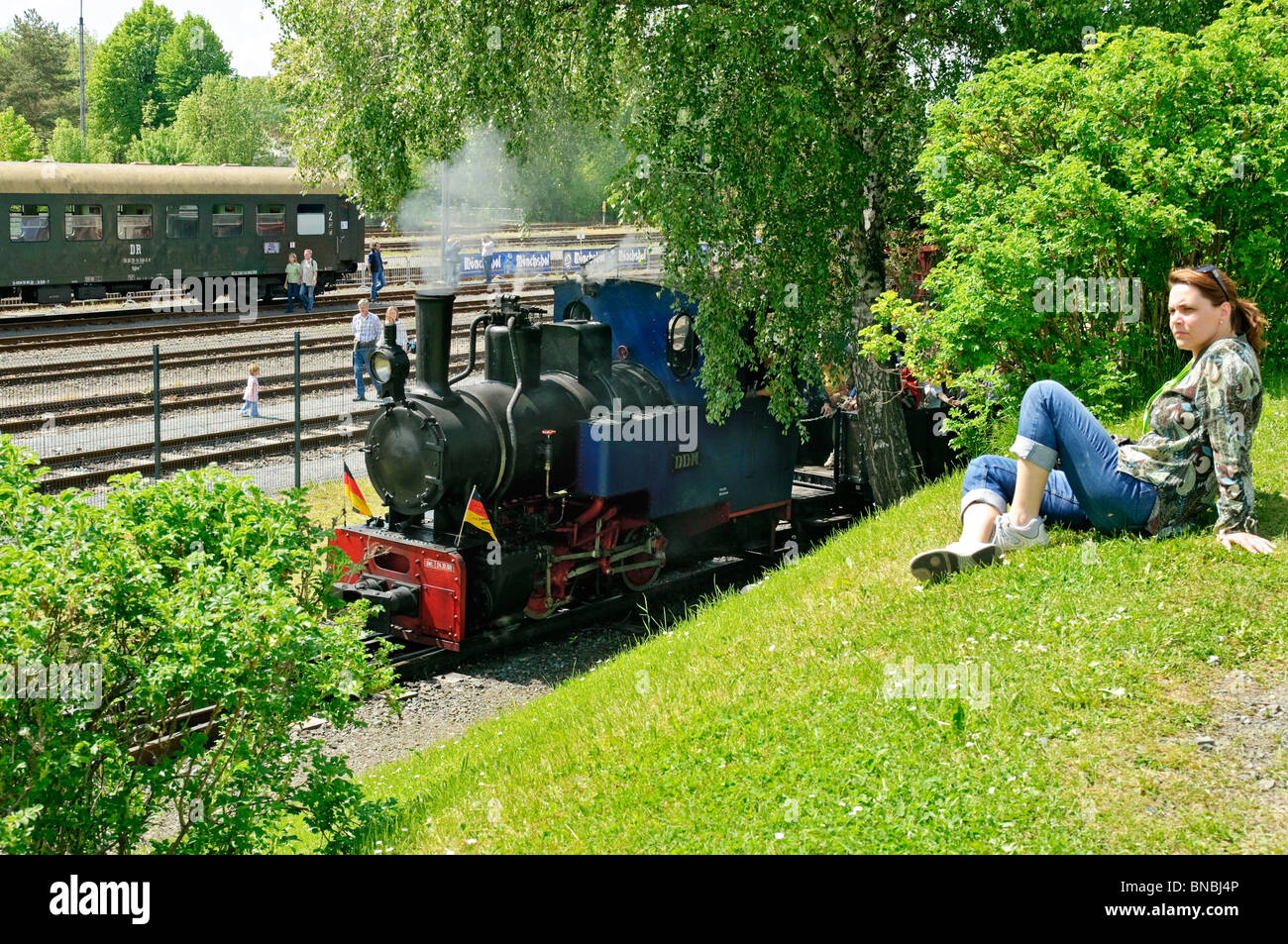 Zug auf die Schmalspurbahn auf die deutsche Dampf-Lokomotive-Museum, Neuenmarkt, Franken, Bayern, Deutschland. Stockfoto