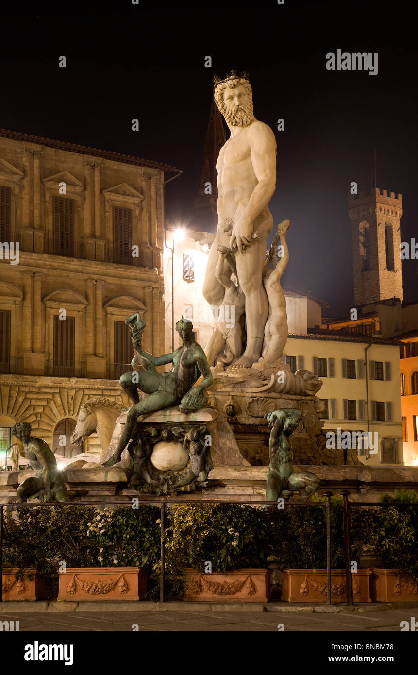 Florenz - Neptun-Brunnen in der Nacht von Ammannati 1575 Stockfoto