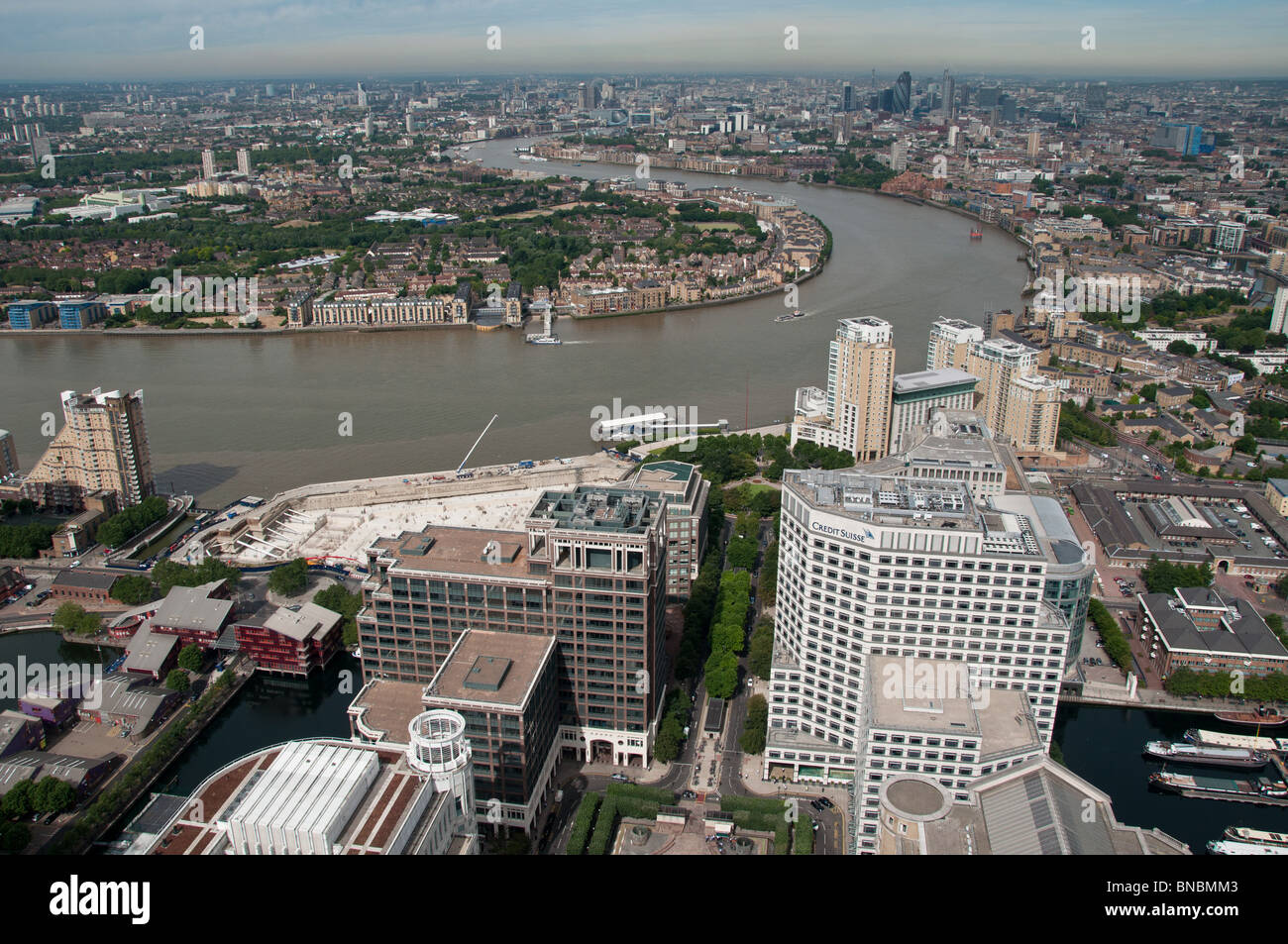 Ansicht von oben des Canary Wharf tower Stockfoto