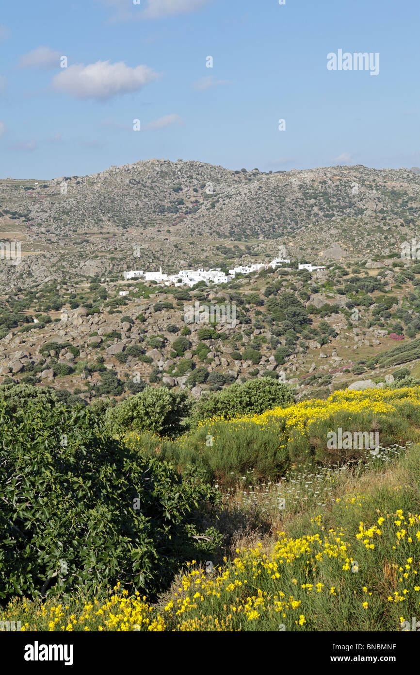 Panoramablick über das Bergdorf Volas, Insel Tinos, Kykladen, Ägäis, Griechenland Stockfoto