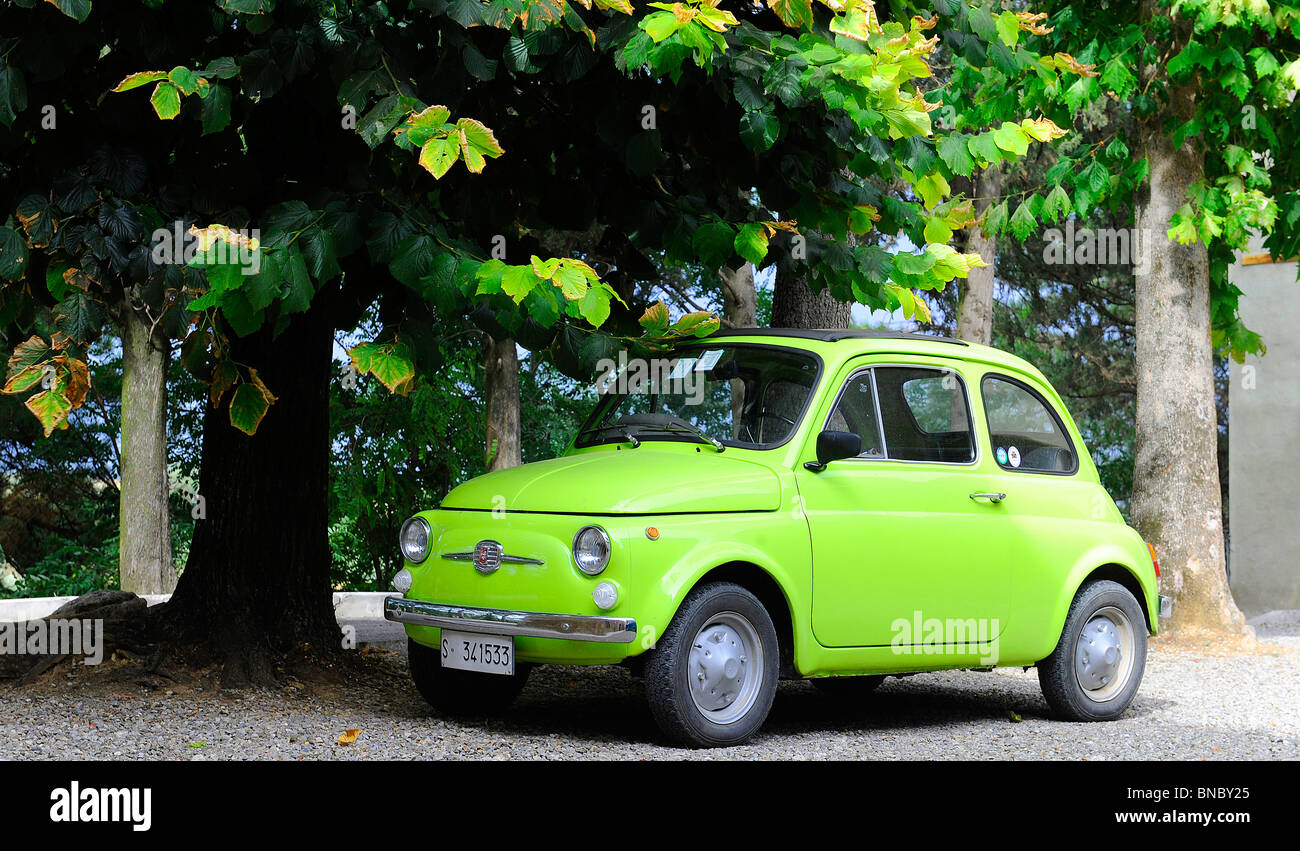 Oldtimer Fiat 500 unter einem Baum gesehen in Italien Stockfoto