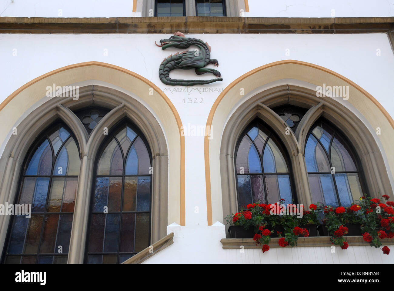 Drachen-Detail auf das Rathaus (Town Hall), Murnau bin Staffelsee, Garmisch-Partenkirchen, Oberbayern, Bayern, Deutschland Stockfoto