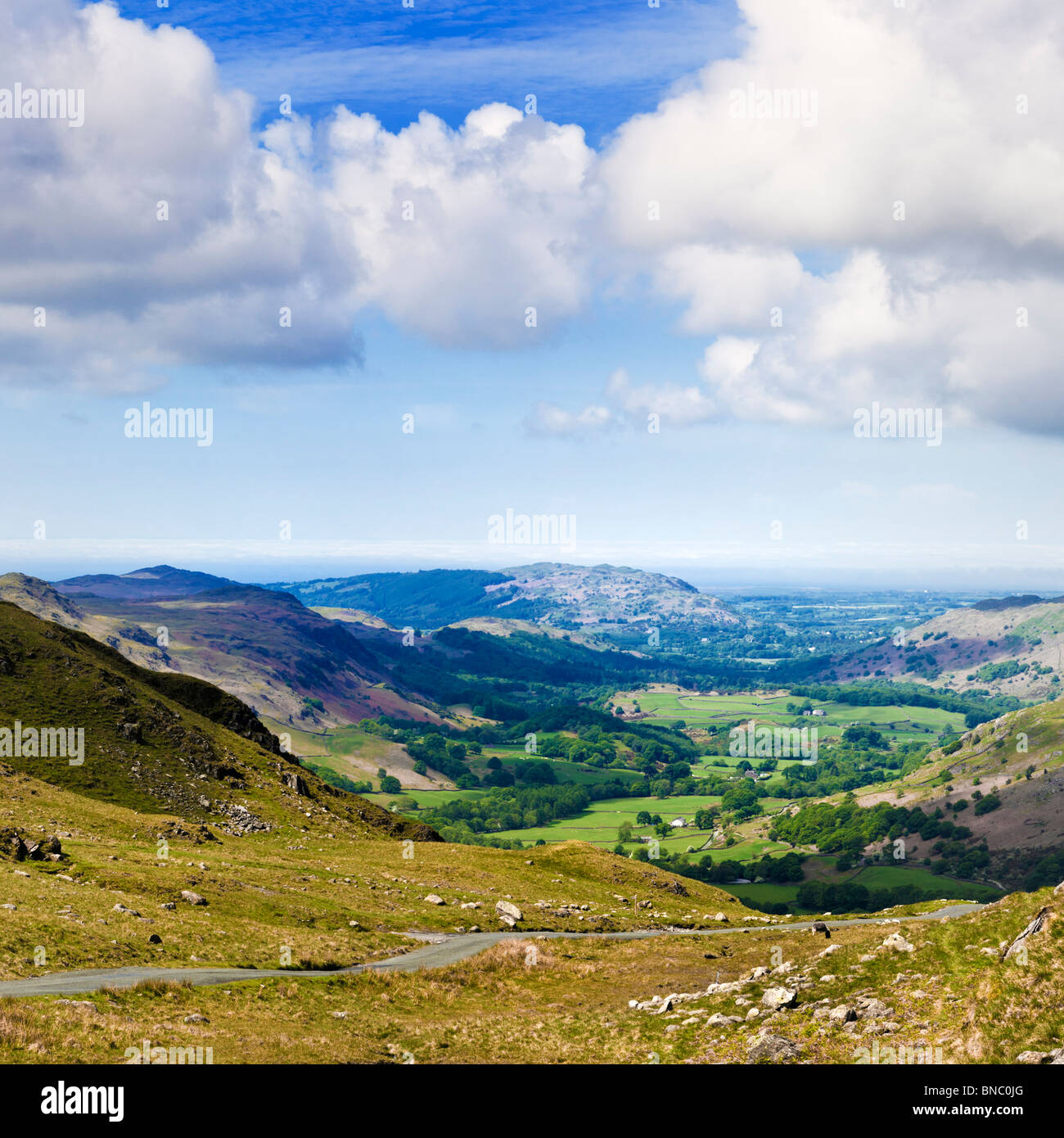 Eskdale Valley vom Hardknott Pass, Lake District, Cumbria, England, UK Landschaft Stockfoto