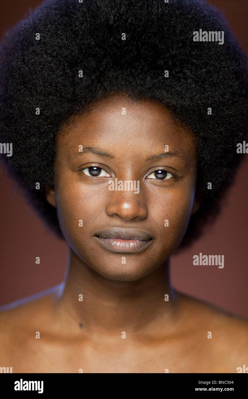 Portrat Der Jungen Frau Afrikanischer Abstammung Mit Retro Afro Frisur Stockfotografie Alamy