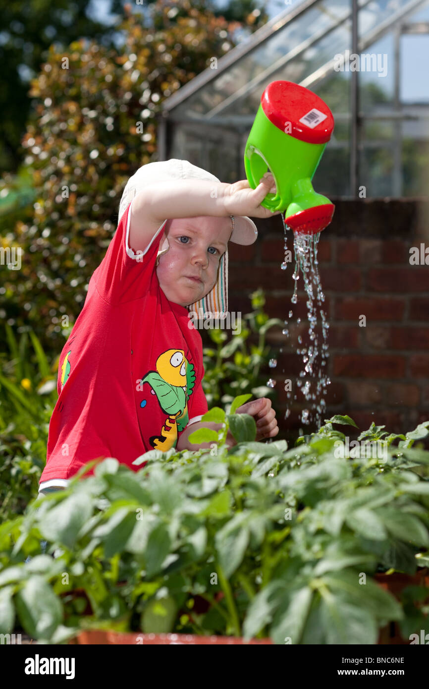 Junge, die Bewässerung des Gartens Stockfoto