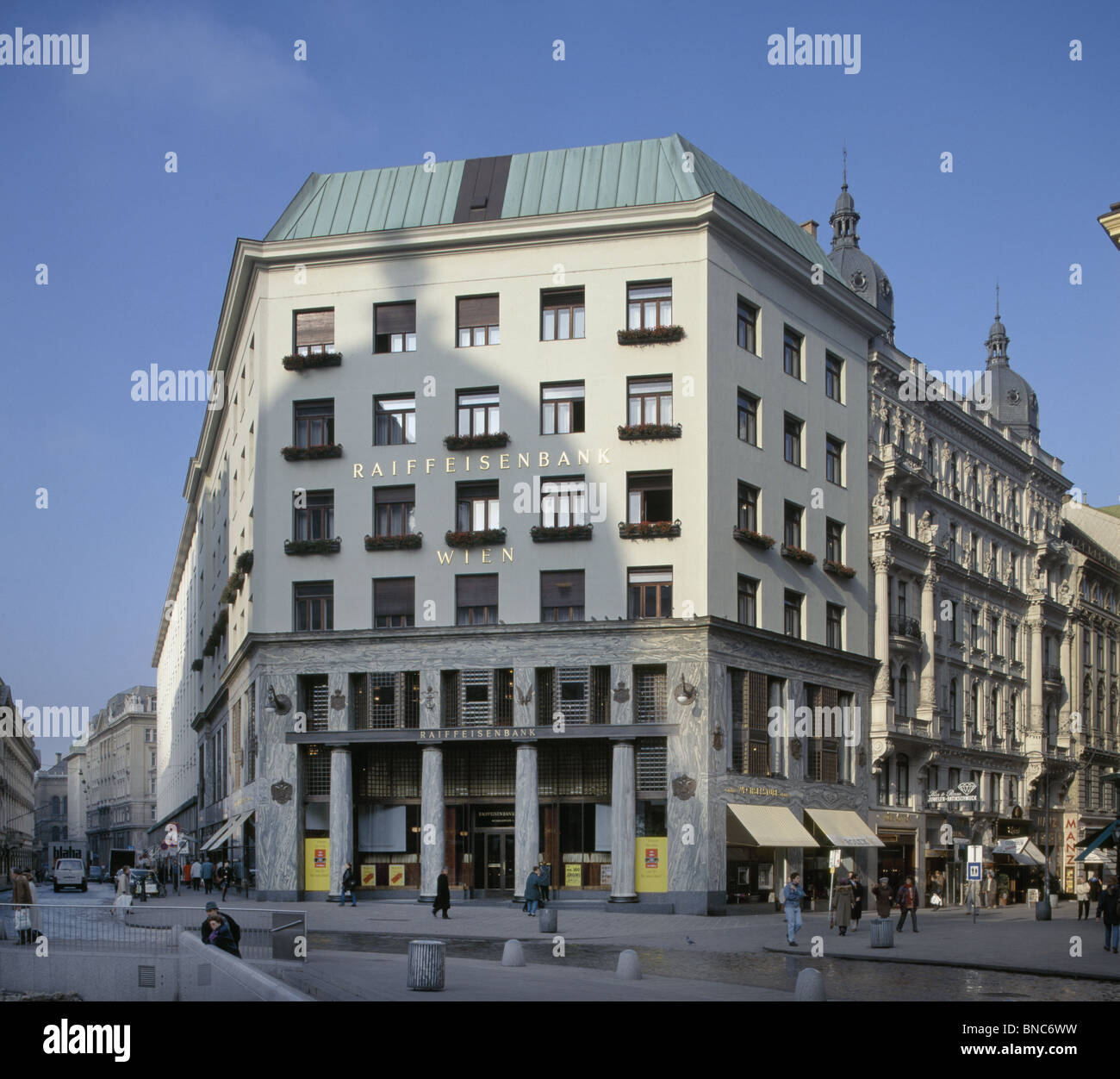 Loos Haus Michaelerplatz, Wien, Österreich. Von Adolf Loos 1910. früher das Goldman-Haus jetzt die Raiffeisenbank. Stockfoto