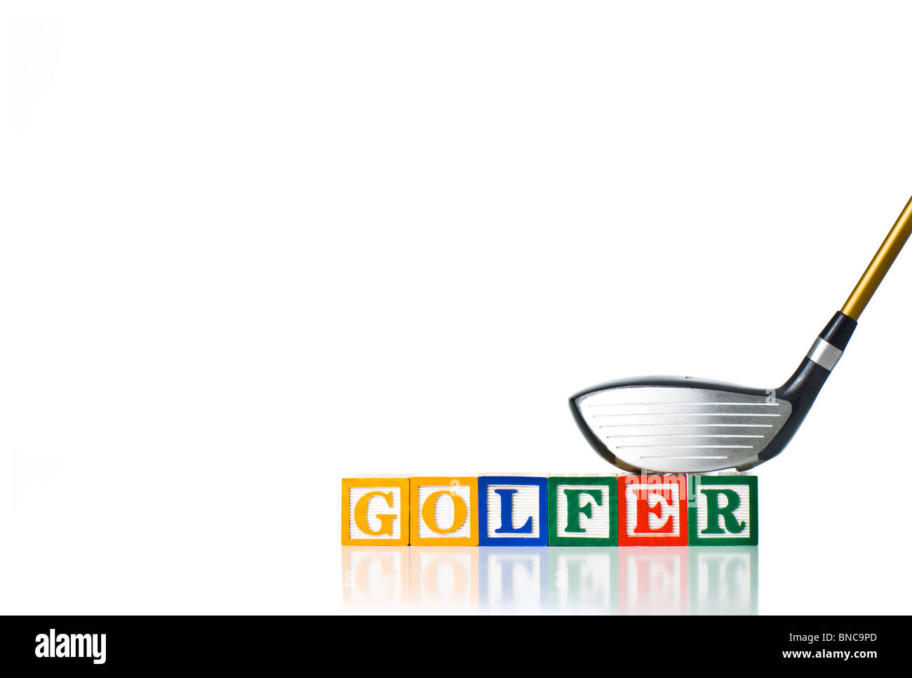 Bunte Kinder-Blöcke Rechtschreibung GOLFER mit einem Golfschläger Stockfoto